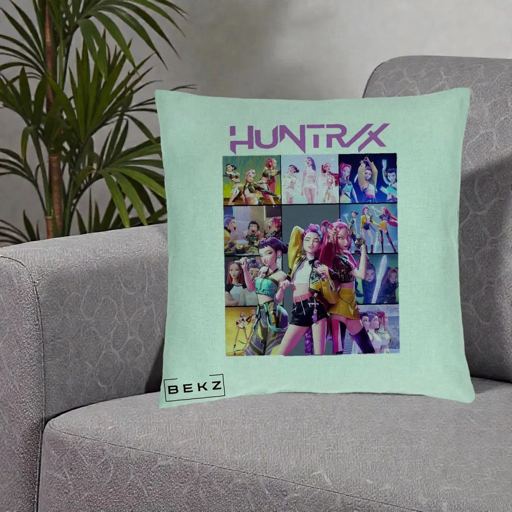 Perna Personalizata K-pop HUNTRX Colaj Animat Foto Grup, 40x40 cm, Verde Menta, Husa Detasabila, Perna Inclusa, BEKZ®