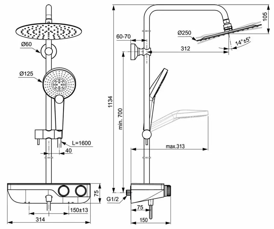 Coloana de dus cu baterie termostatata si etajera Ideal Ceratherm S200 II crom lucios