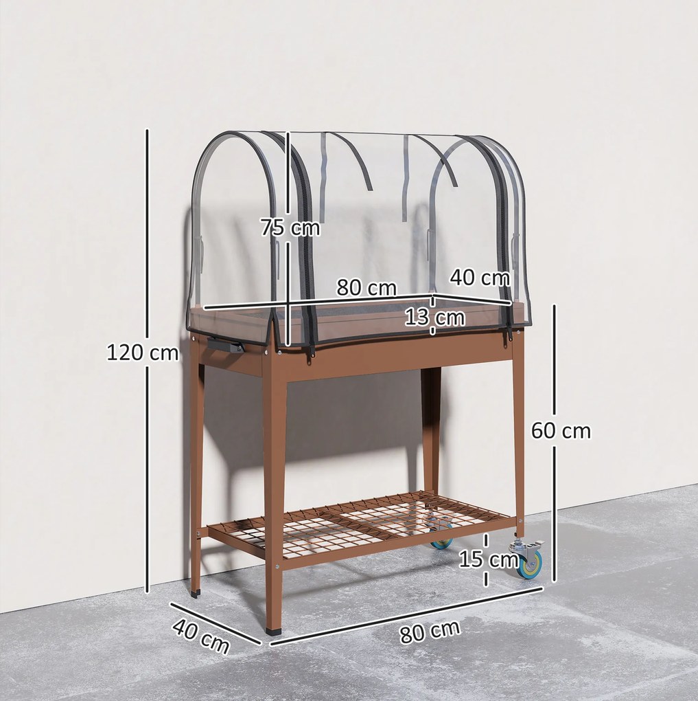 Outsunny Strat de Gradină Înălțat cu Acoperiș de Sera, Jardiniera Mobilă cu Roți și Raft Inferior pentru Legume, Flori, Ierburi | Aosom Romania