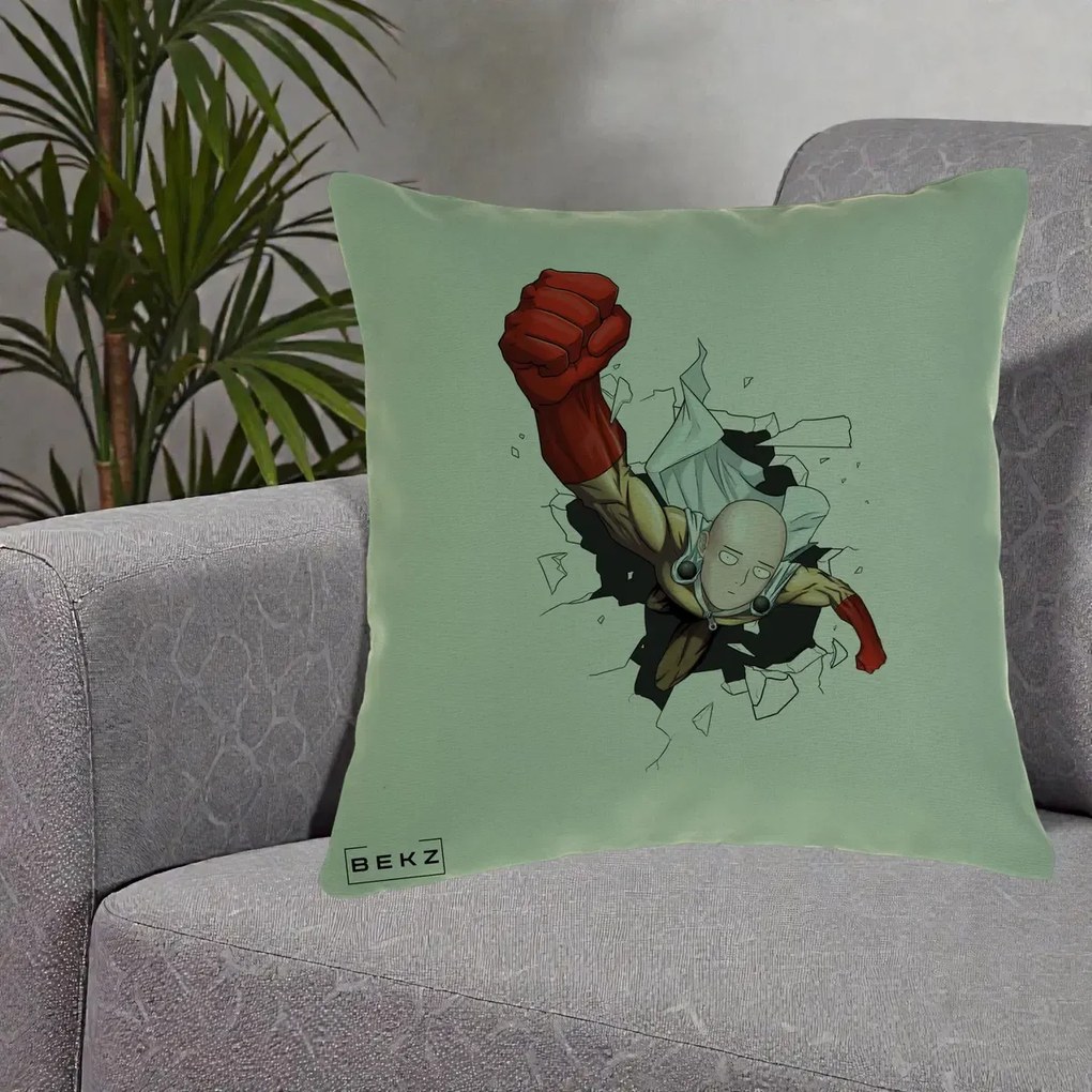 Perna Personalizata One Punch Man Saitama Pumn, 40x40 cm, Verde, Husa Detasabila, Perna Inclusa, BEKZ®