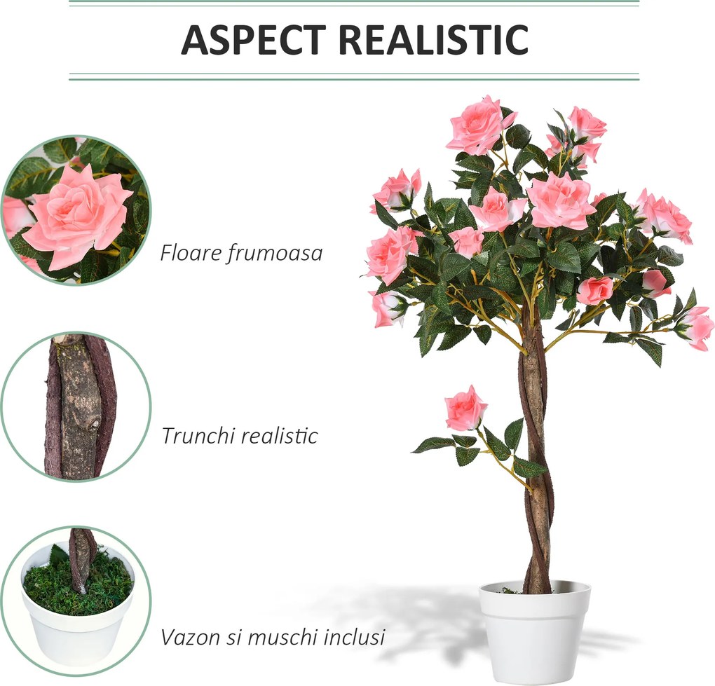 Outsunny Plantă Artificială de Trandafiri cu 21 de Flori, Ghiveci Umplut cu Ciment și Mușchi, Ø18x90 cm, Roz | Aosom Romania