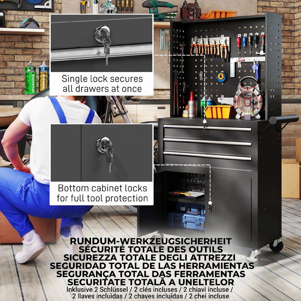 HOMCOM Cărucior de Scule din Oțel cu Blat de Lucru, 3 Sertare, Dulap, Panouri Perforate, Roți, Negru | Aosom Romania