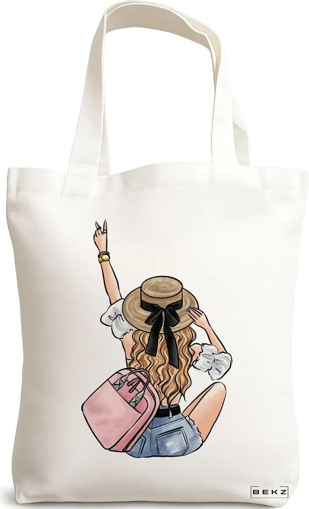 Sacosa de Panza pentru Cumparaturi, Geanta Tote Travel Girl 7, 38x34.5 cm, Alba, BEKZ®