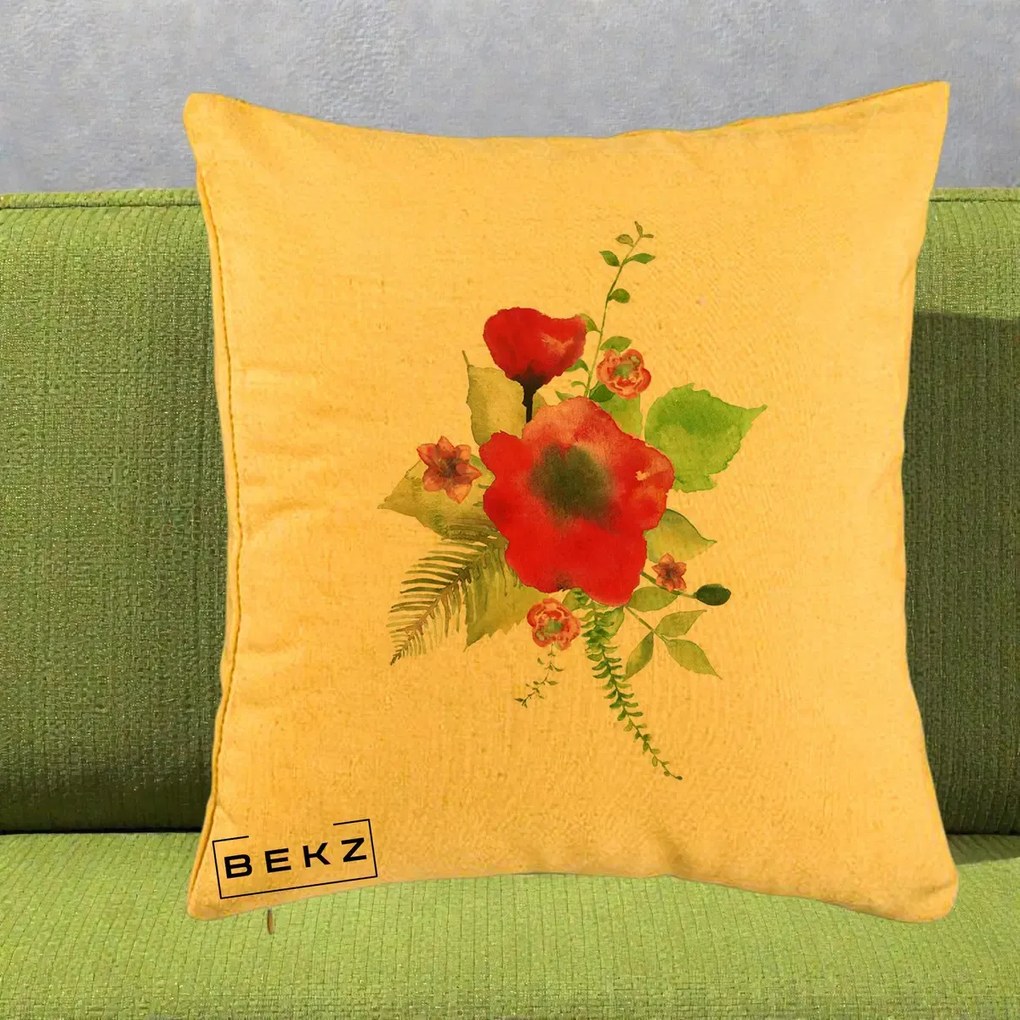 Perna Decorativa Buchet Rosu Acuarela, 40x40 cm, Galben, Husa Detasabila, Perna Inclusa, BEKZ®