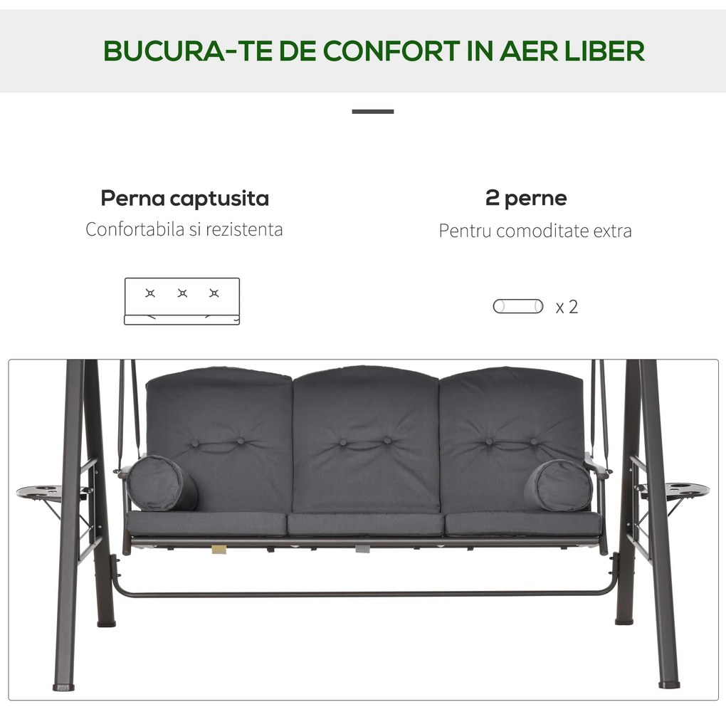 Outsunny Leagăn de Grădină pentru 3 Persoane, Bancă Balansoar cu Copertină Reglabilă și Perne, 120x208x172 cm, Gri | Aosom Romania