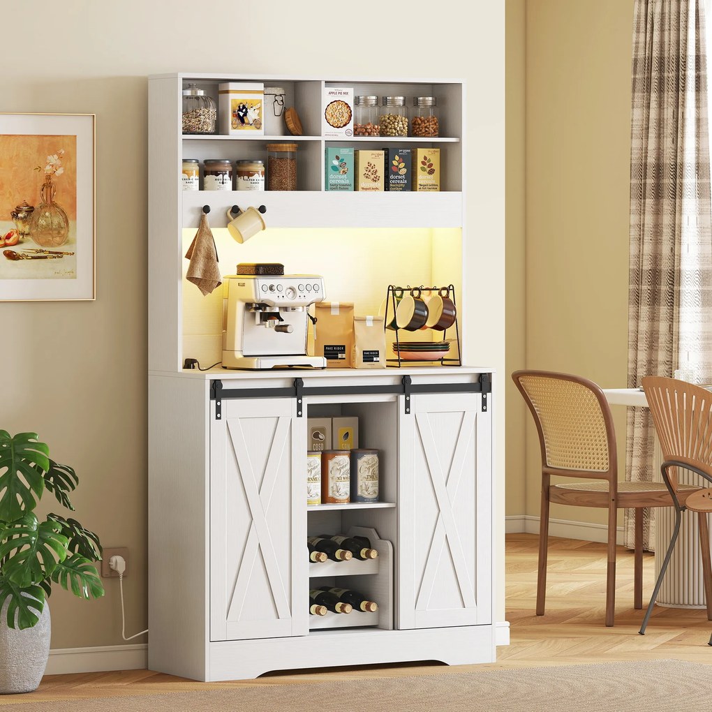 HOMCOM Servantă de Bucătărie Rustică 180 cm, Dulap cu Priză de Alimentare, Lumini LED, Suport pentru Sticle, Suprafață pentru Cuptor cu Microunde, Rafturi Deschise, Uși Glisante, Orificiu pentru Cabluri, Alb | Aosom Romania