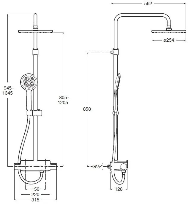 Coloana dus cu baterie si termostat Roca Deck, cap dus O25 cm