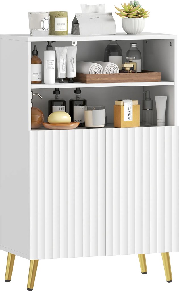 HOMCOM Dulap baie, comodă pentru living, uși cu închidere silențioasă, 2 rafturi deschise, MDF, Alb | Aosom Romania