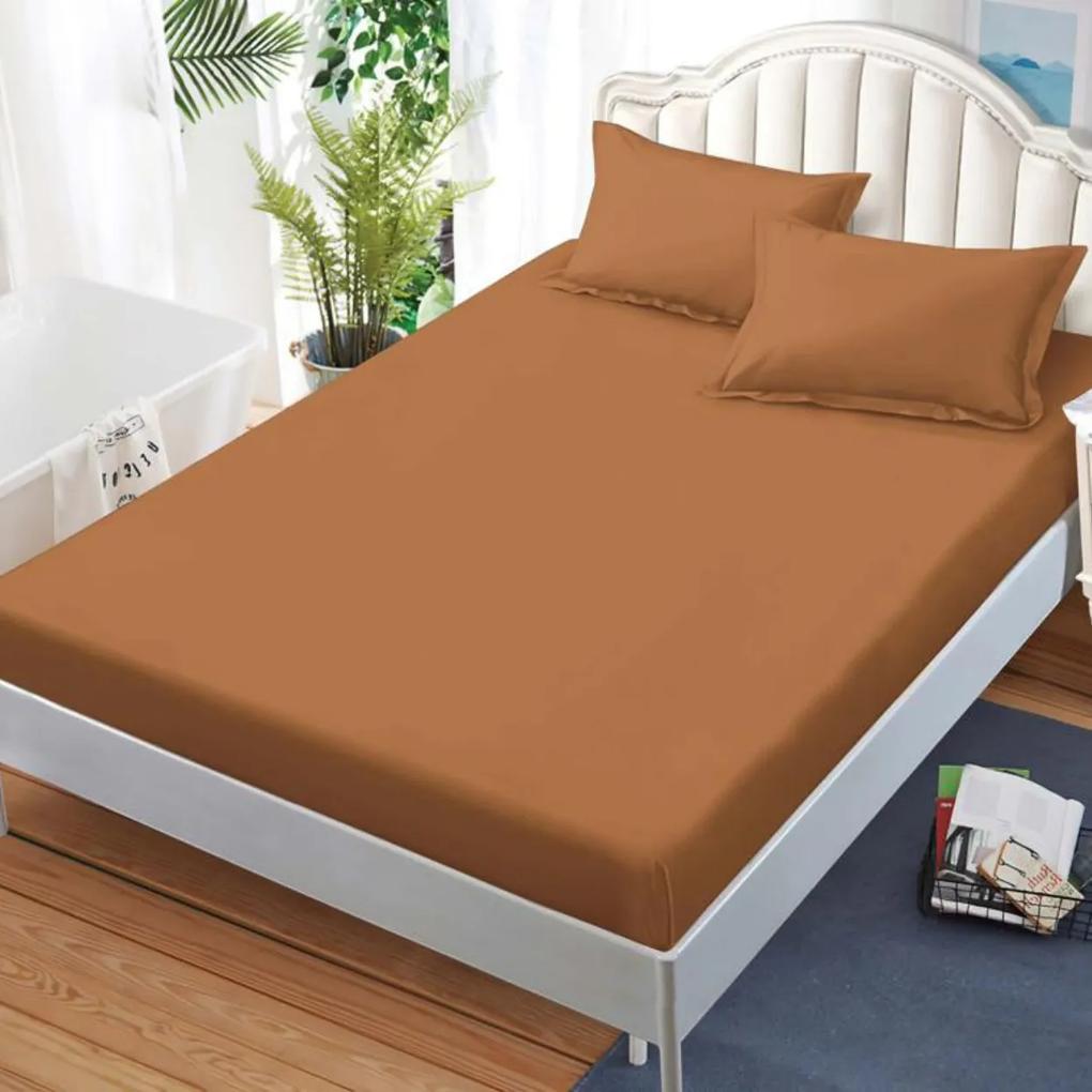 Husa de pat cu elastic si 2 fete de perna, tesatura tip finet, uni, pat 2 persoane, maro, HBFJ-156