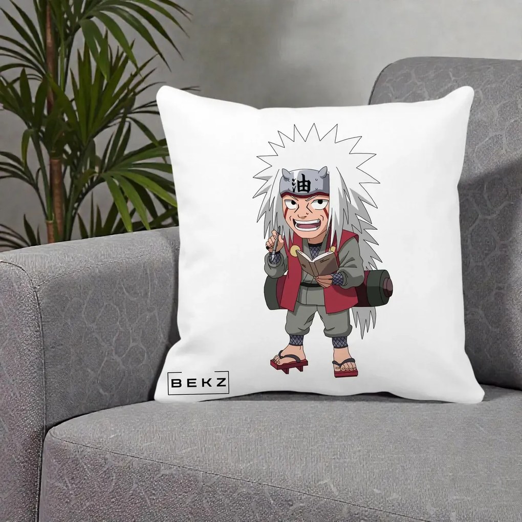 Perna Personalizata Naruto Jiraiya Sensei Chibi, 40x40 cm, Alba Mata, Husa Detasabila, Perna Inclusa, BEKZ®