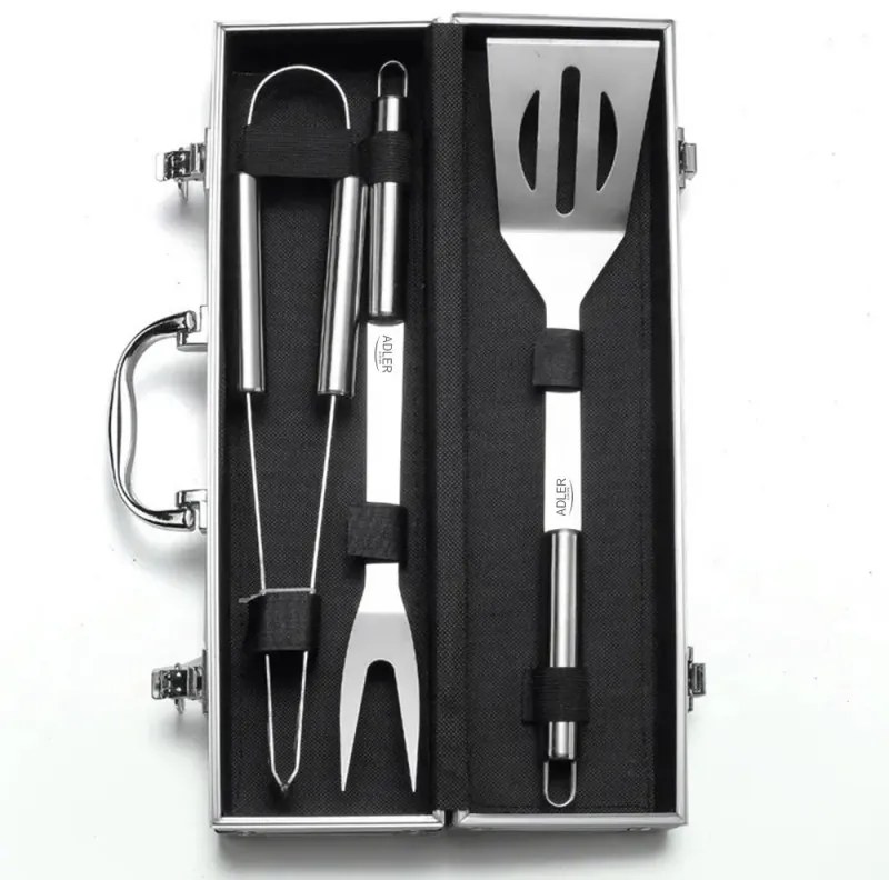 Set ustensile pentru gratar Adler AD 6729, 4 piese, Otel inoxidabil, Carcasa din aluminiu, Orificii de agatare, Argintiu