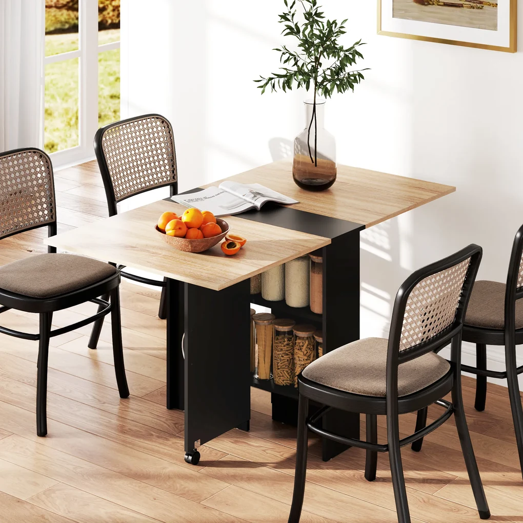 HOMCOM Masă Pliabilă pentru 4-6 Persoane, cu 2 Roți, Masă Rabatabilă cu 2 Rafturi pentru Depozitare, 140x75x74 cm, Negru | Aosom Romania