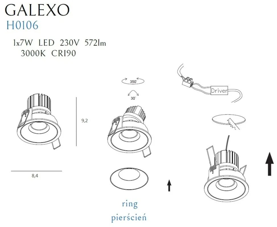 Spot LED incastrabil GALEXO H0106 alb cu inel negru