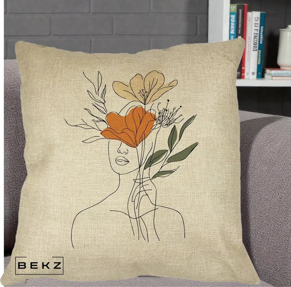 Perna Decorativa Portret Feminin Coroana Florala, 40x40 cm, Crem, Husa Detasabila, Perna Inclusa, BEKZ®