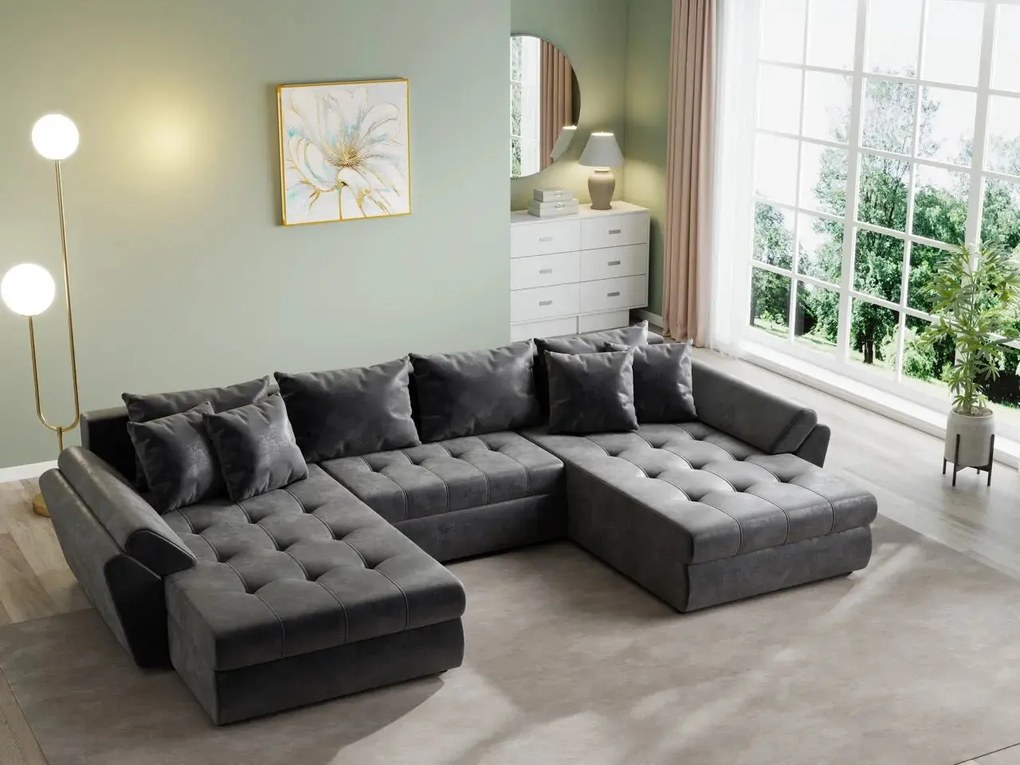 Colțar extensibil dumonde cu ladă de depozitare si sezut confortabil din spuma high-density, Loana U Madagaskar Black 355x185 cm