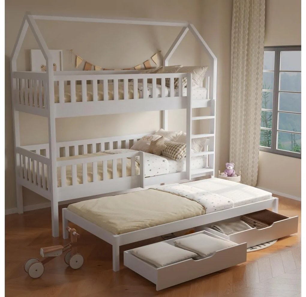 Pat etajat pentru copii , cu pat suplimentar 90 cm Virtuoso (alb) (cu somieră) (cu sp. depozitare). 1116553
