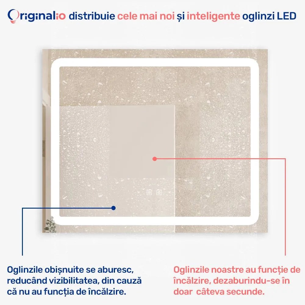 Oglindă LED Dreptunghiulară (80x60 cm), 3 Moduri Iluminare (Lumină Rece, Naturală, Caldă), Intensitate Reglabilă, Funcție Dezaburire, Control Tactil (Touch)