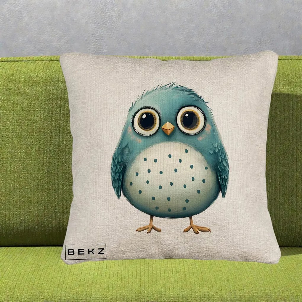 Perna Decorativa Pasare Teal cu Buline Teal, 40x40 cm, Bej Canapea, Husa Detasabila, Perna Inclusa, BEKZ®