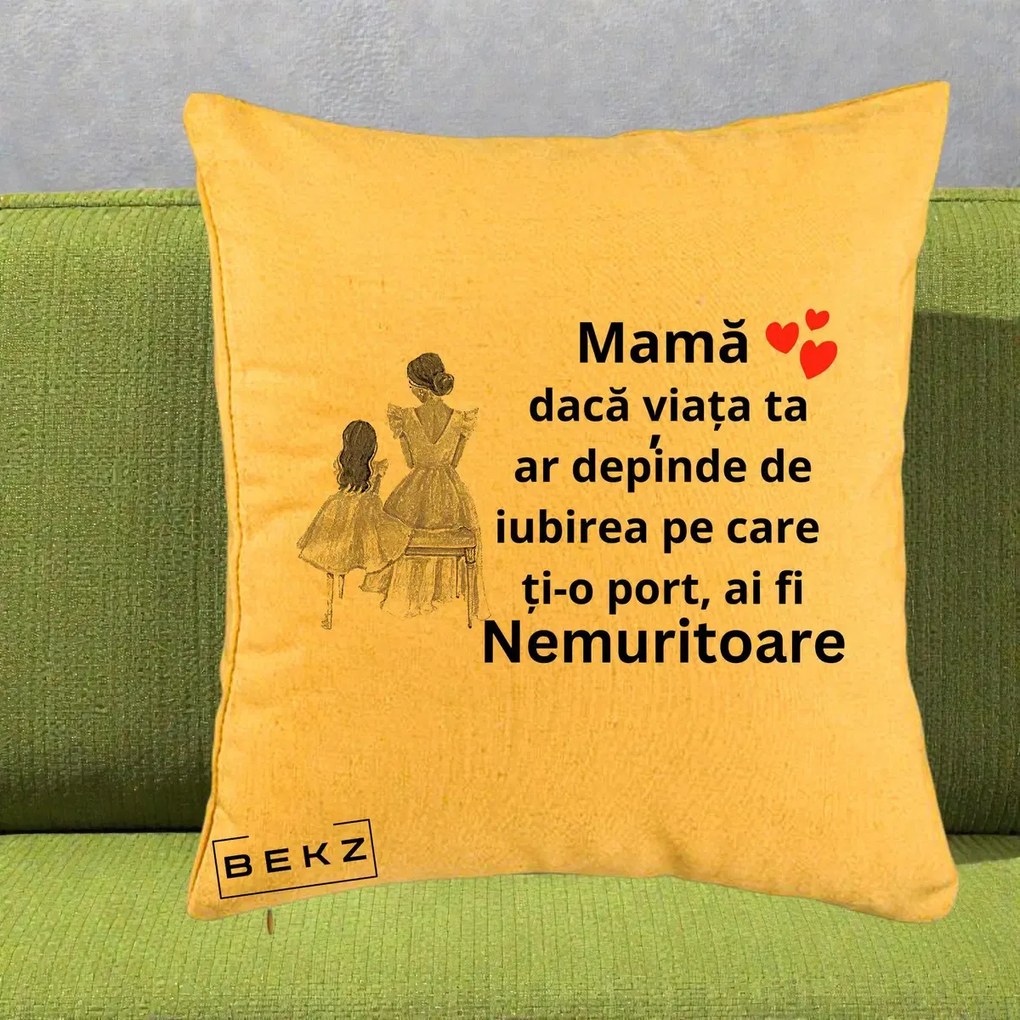 Cadou pentru Mama - Perna Personalizata Mama Nemuritoare Line Art, 40x40 cm, Galben, Husa Detasabila, Perna Inclusa, BEKZ®