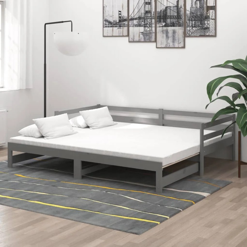 806952 vidaXL Pat extensibil de zi, gri, 2x(90x200) cm, lemn masiv de pin