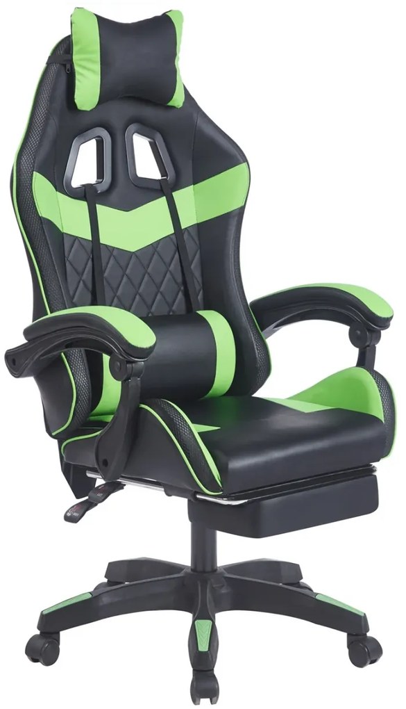 Scaun gaming, sistem iluminare bandă LED RGB, masaj în perna lombară, suport picioare, Negru/Verde