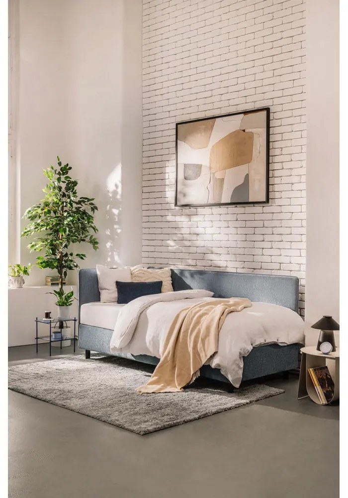 Pat albastru tapițat cu spațiu de depozitare cu saltea 90x200 cm Avela – Bonami Selection