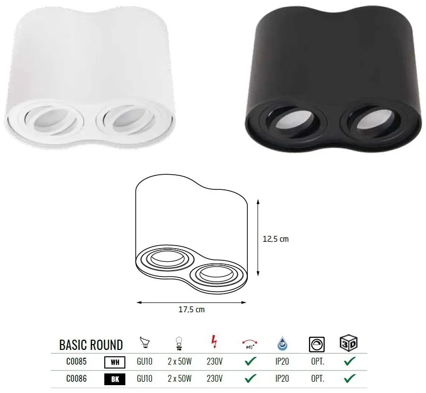 Plafoniera aplicata cu 2 spoturi directionabile, BASIC ROUND II BK