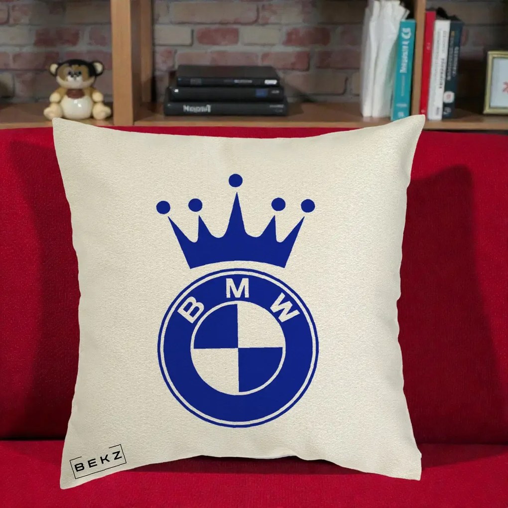 Perna Personalizata cu emblema BMW si Coroana, 40x40 cm, Ecru, Husa Detasabila, Perna Inclusa, BEKZ®