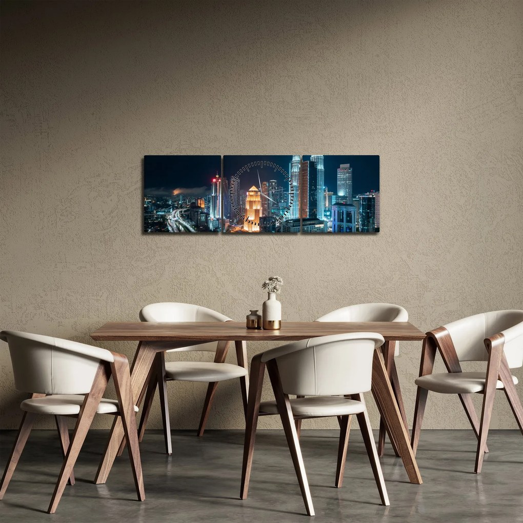 Tablou - Noaptea în Kuala Lumpur (cu ceas) (90x30 cm)