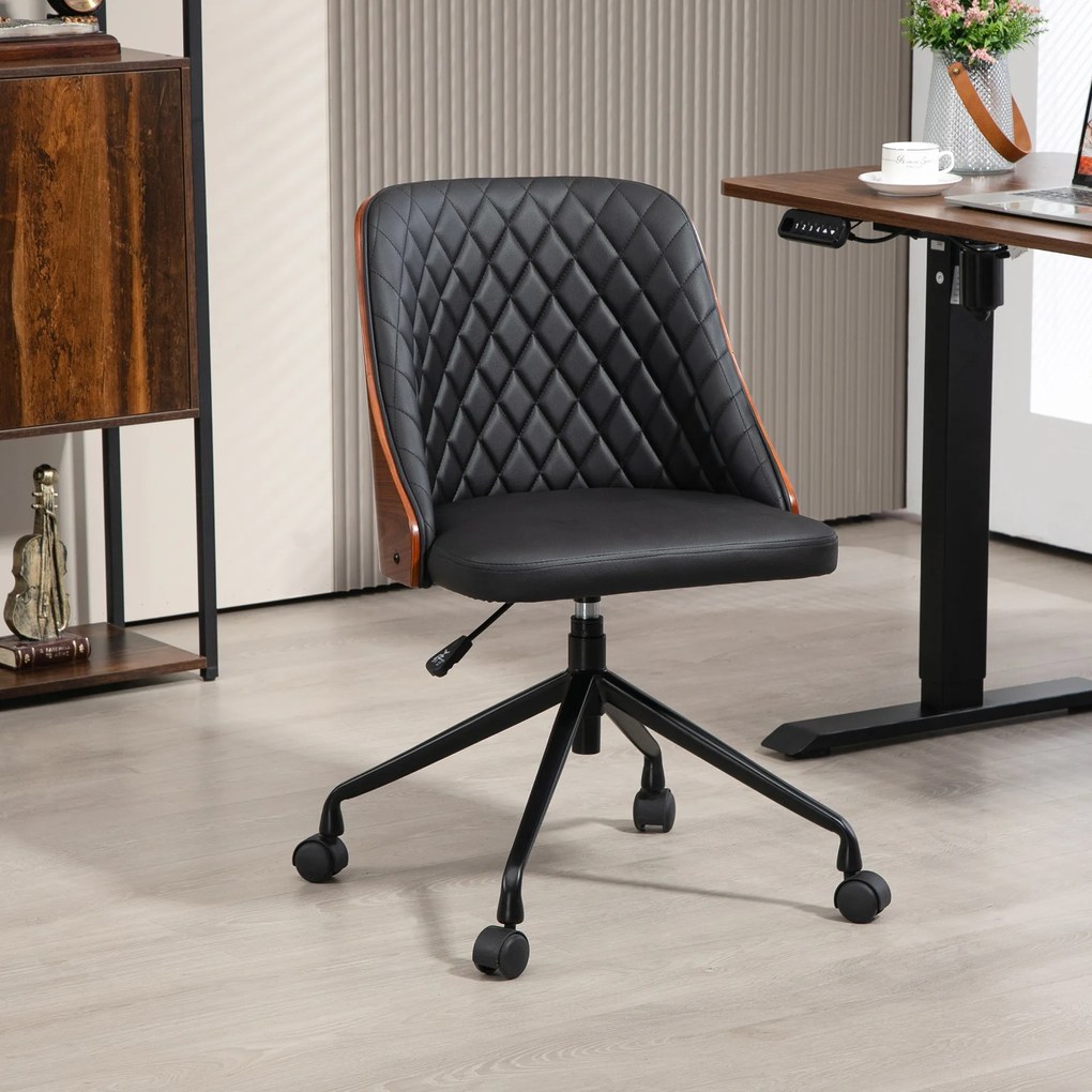 Scaun de birou Vinsetto, Scaun de birou, Scaun rotativ acasă, Scaun de birou reglabil ergonomic cu roți pivotante 360°, Spumă PU Negru 48,5 x 54,5 x 81-87 cm | Aosom Romania