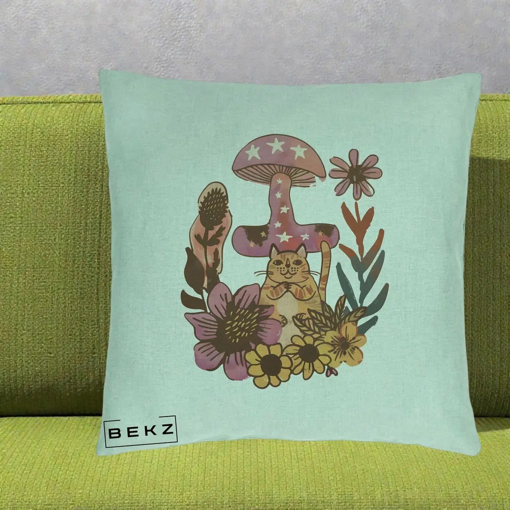 Perna Decorativa Ciuperca Pisica Boho, 40x40 cm, Verde Menta, Husa Detasabila, Perna Inclusa, BEKZ®