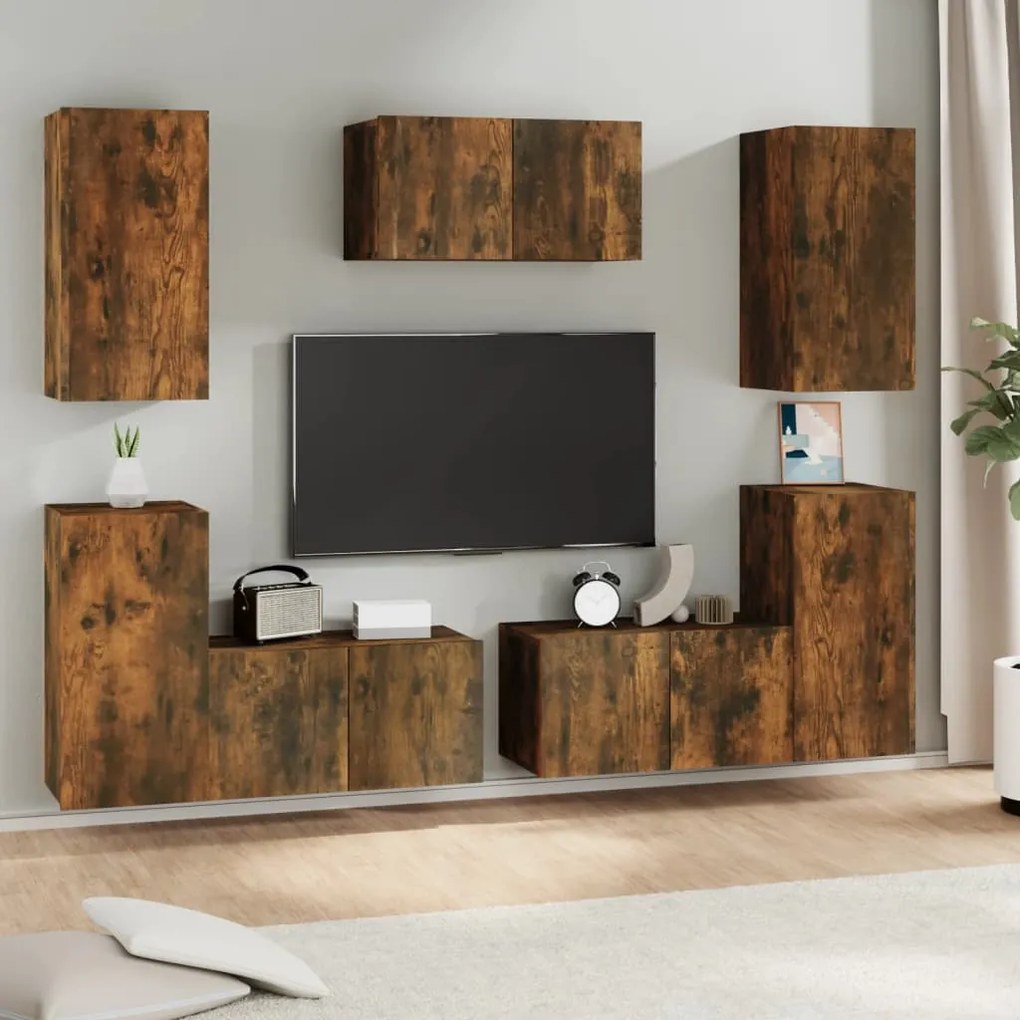 3120254 vidaXL Set comodă TV, 7 piese, stejar fumuriu, lemn compozit