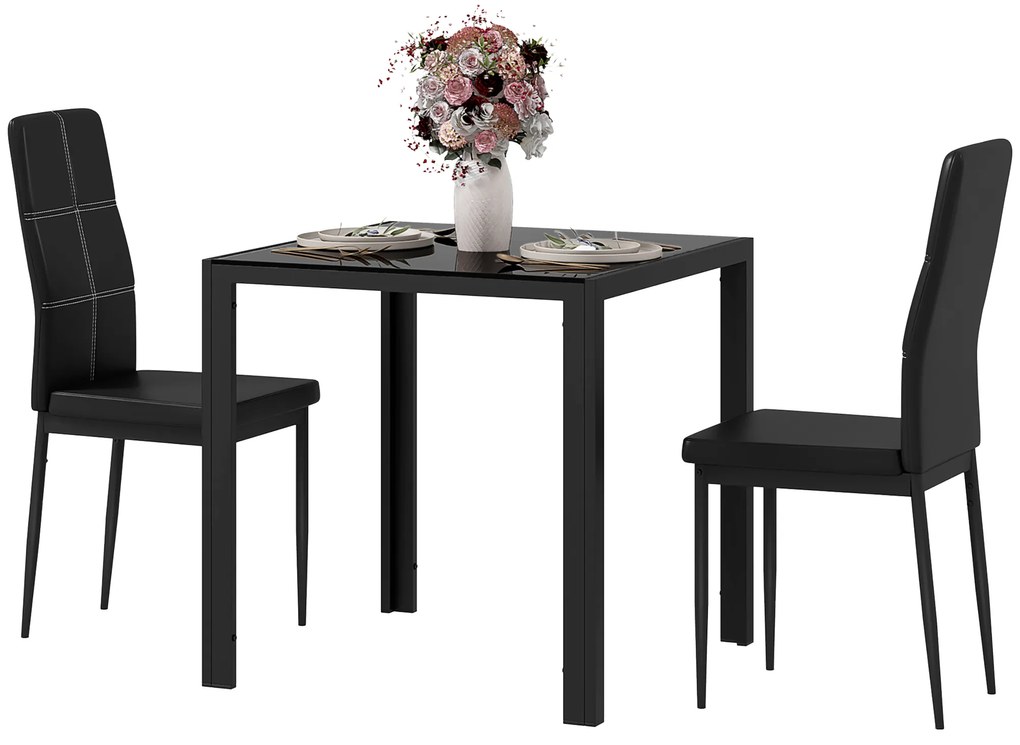 HOMCOM Set masă și scaune pentru 2 persoane, blat rectangular din sticlă, pentru bucătărie living acasă, negru | Aosom Romania