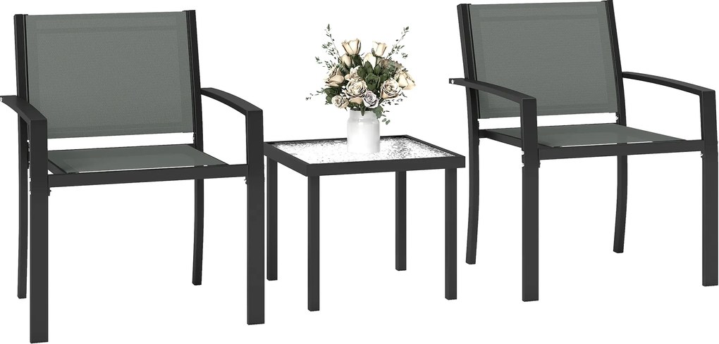 Outsunny Set masă și scaune pentru terasă exterior 3 piese cu 2 scaune din Textilene, masă din sticlă securizată, gri deschis | Aosom Romania