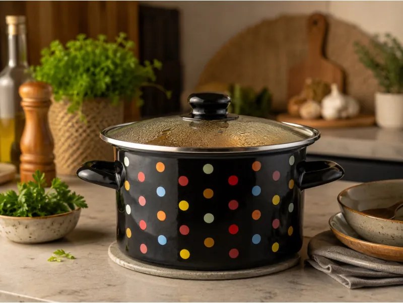 Oala din otel emailata cu capac Rosberg Premium RP54518I18G, Ø18x11 cm, 2 l, Toate plitele inclusiv inductie, Negru