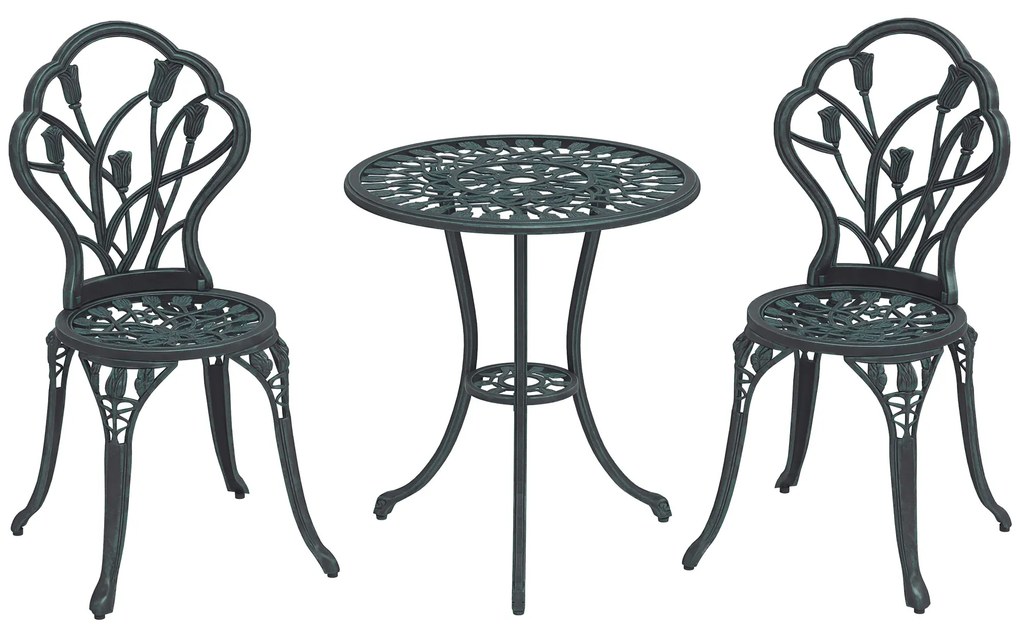 Outsunny Set Mobilier de Grădină 2 Locuri 2 Scaune + Masă Rotundă Fontă de Aluminiu Imitație Fier Forjat Verde | Aosom Romania