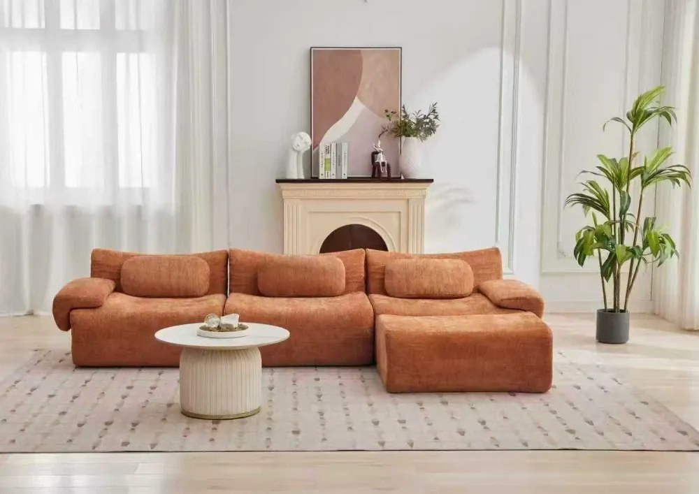 VELORA – Canapea Modulară din Chenille Premium, din spumă de înaltă densitate, L-Shape, 3 perne, Ultra Confort & Design Reconfigurabil, Portocaliu