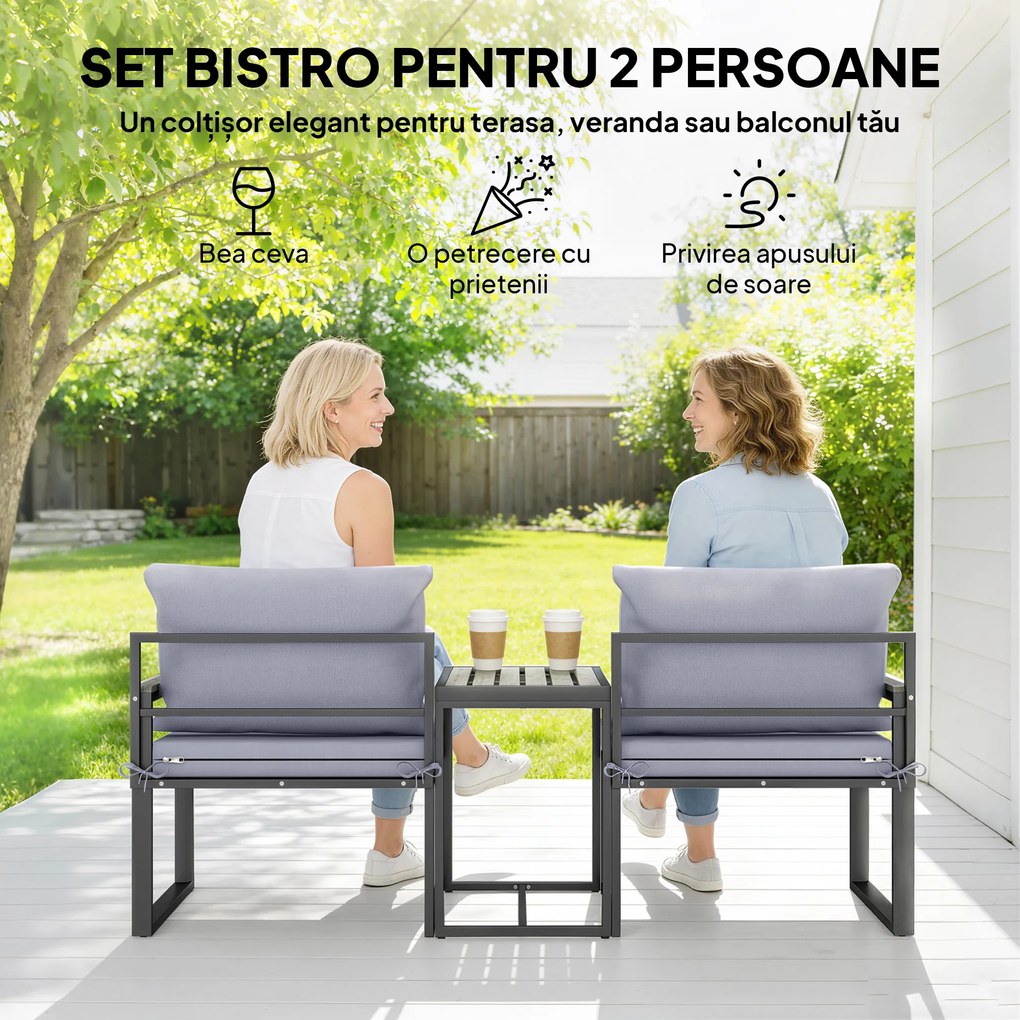 Outsunny Set Bistro Grădină 3 Piese pentru 2 Persoane, Masă și Scaune Exterior cu Șezut Textilen și Perne, Gri | Aosom Romania