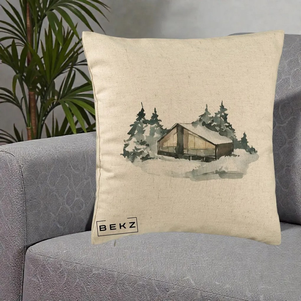 Perna Decorativa Cabana de Iarna in Padure, 40x40 cm, Bej, Husa Detasabila, Perna Inclusa, BEKZ®