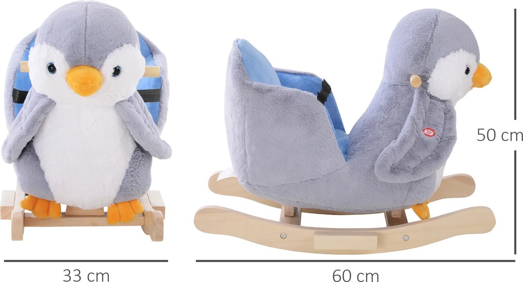 HOMCOM Balansoar Pinguin din Pluș cu Melodii și Centură de Siguranță, Balansoar pentru Copii, 60x33x50 cm, Gri | Aosom Romania