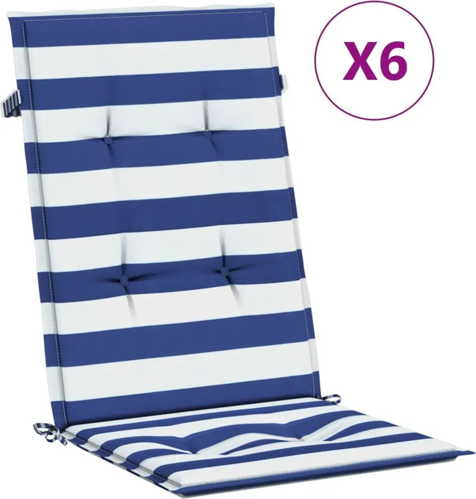 vidaXL Perne de scaun spătar înalt, 6 buc. dungi albastre&albe, textil