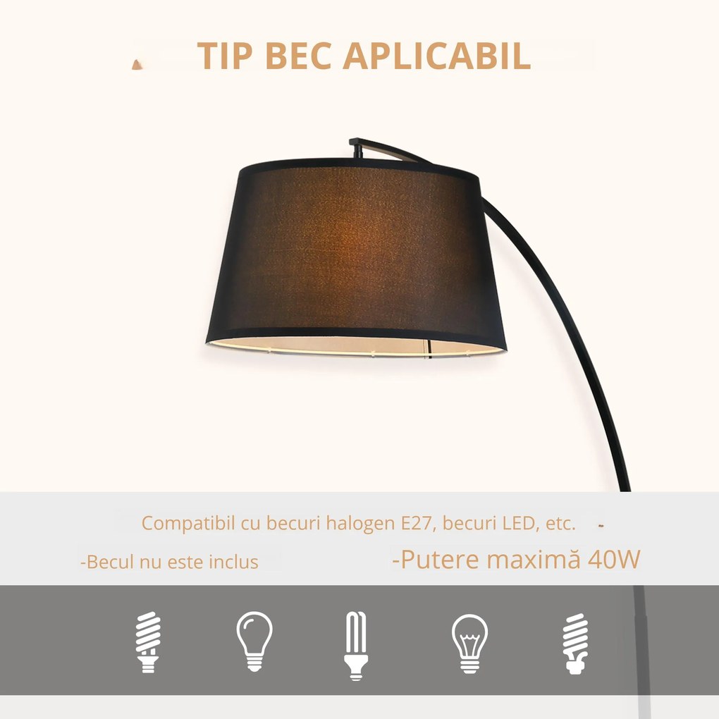 HOMCOM Lampa de Podea Arc Inalta, Design Modern cu Abajur din Tesatura si Baza Metalica, Comutator cu Pedala, Negru | Aosom Romania