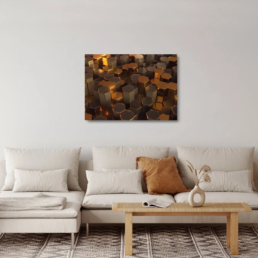 Tablou pe sticlă - Hexagoane de bronz (70x50 cm)
