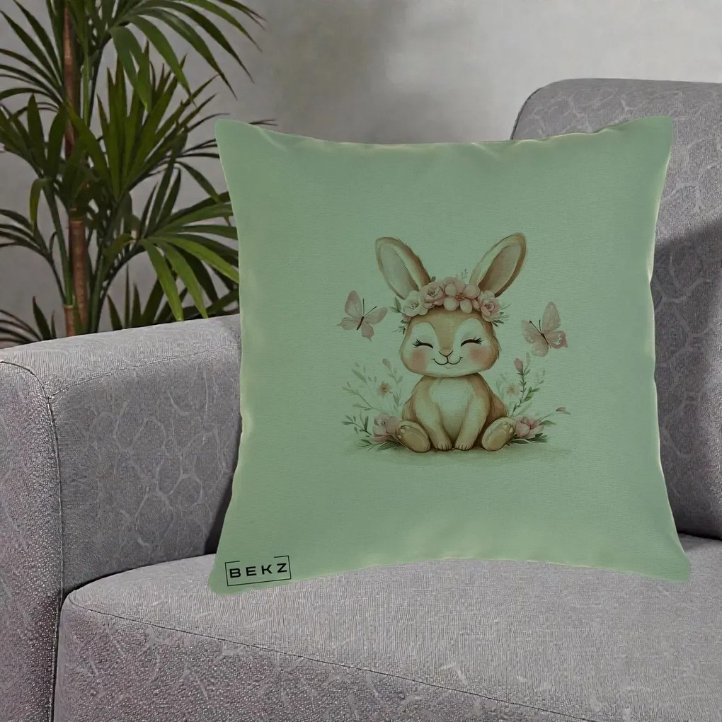 Perna Decorativa Iepuras cu Coronita Florala Roz, 40x40 cm, Verde, Husa Detasabila, Perna Inclusa, BEKZ®