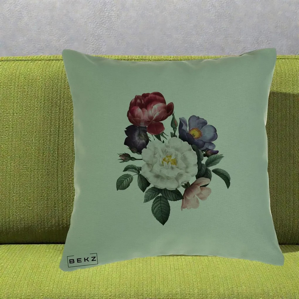 Perna Decorativa Buchet Trandafiri Bujori Botanical, 40x40 cm, Verde, Husa Detasabila, Perna Inclusa, BEKZ®