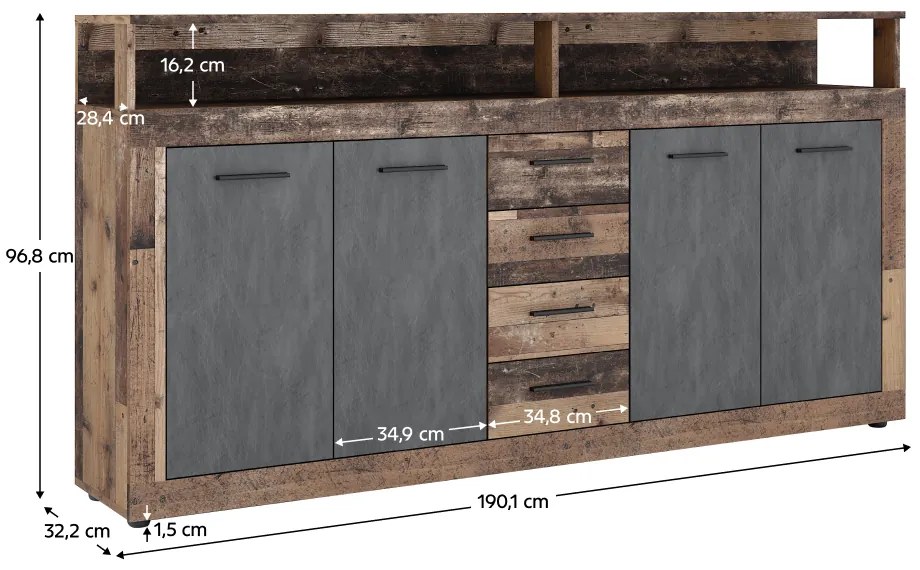 Comodă combinată, stejar de culoare închisă old star dark/grafit, LUNYSA