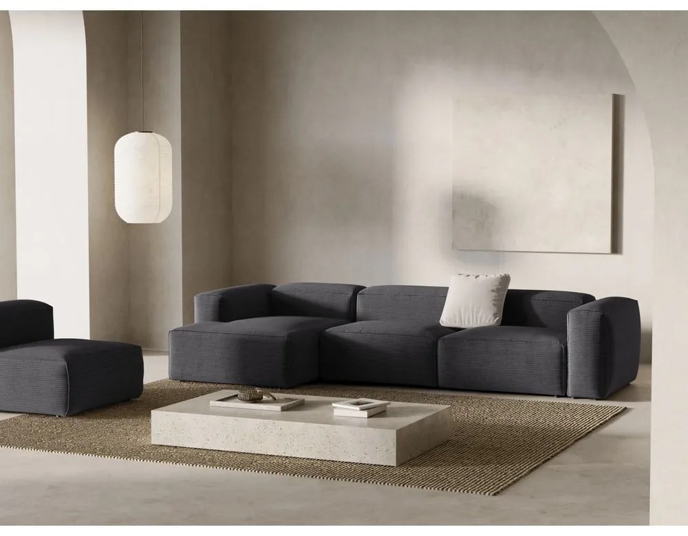 Colțar gri închis cu tapițerie din catifea reiată (cu colț pe partea stângă/cu șezlong) Bergamo – Cosmopolitan Design