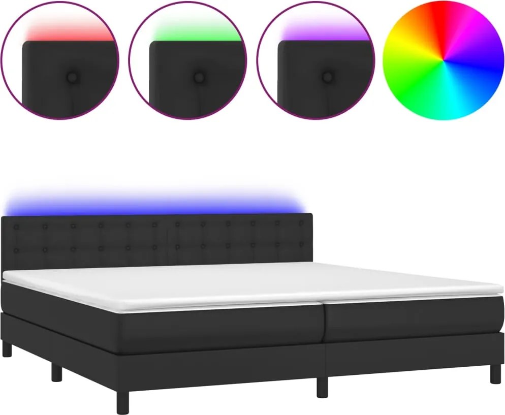 vidaXL Pat cu arcuri, saltea și LED, negru, 200x200cm, piele ecologică