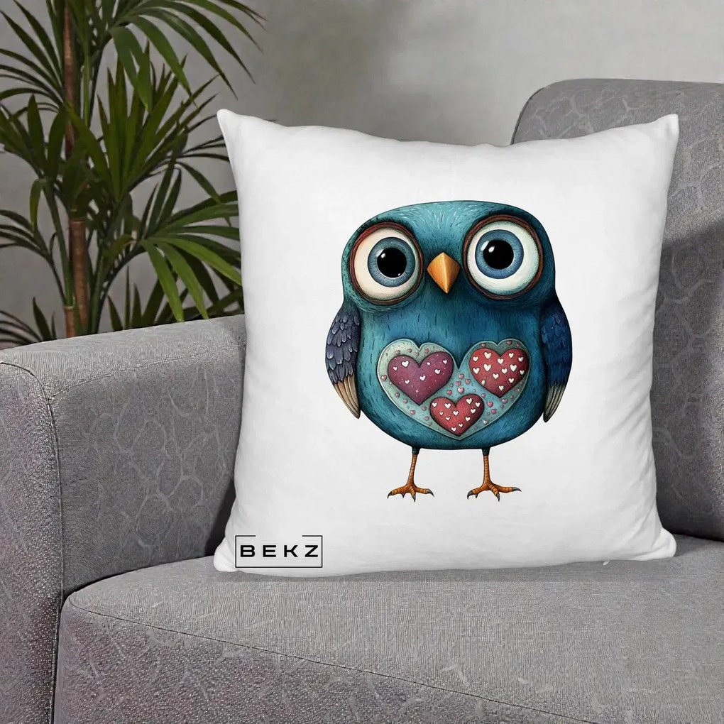 Perna Decorativa Bufnita Teal cu Doua Inimi, 40x40 cm, Alb Pufos, Husa Detasabila, Perna Inclusa, BEKZ®