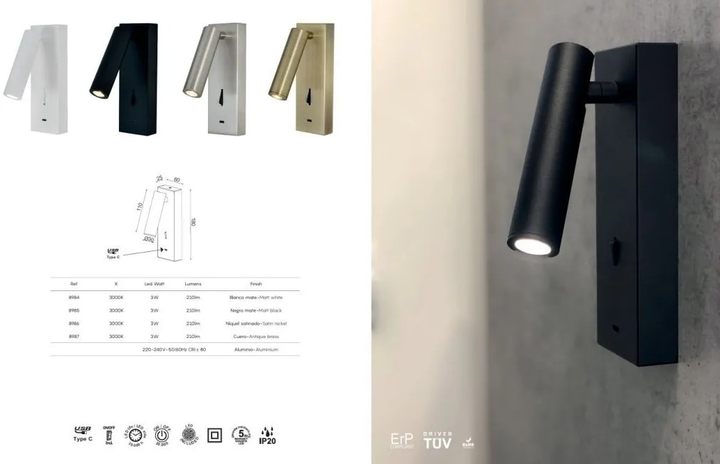 Aplica de perete, Mufa USB, LED, Tarifa III nickel MA-8986